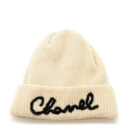 Chanel Cashmere Logo Beanie Hat Ivory Black 1 of 5