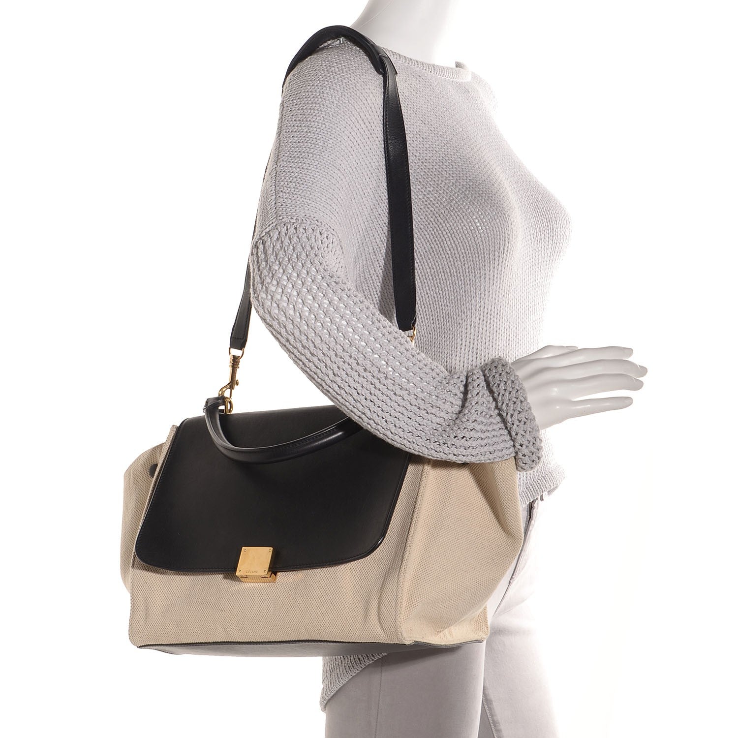 Celine Smooth Calfskin Canvas Medium Trapeze Cream 2 of 8