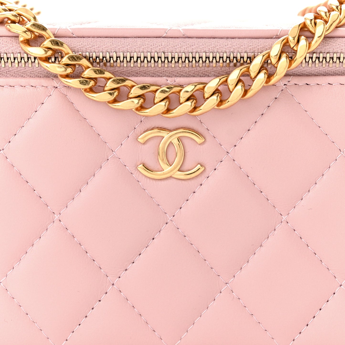 Lambskin Resin Quilted Vanity Case With Chain Light Pink