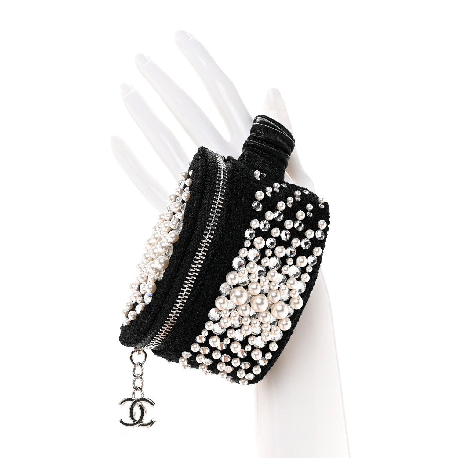 Chanel Tweed Pearl Lambskin Quilted Arm Coin Purse Black 2 of 8