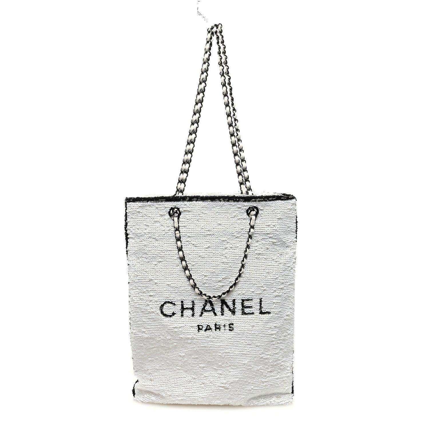 Chanel Sequin Logo Shopping Tote White Black 1 of 11
