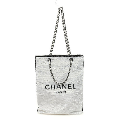 Chanel Sequin Logo Shopping Tote White Black 1 of 11