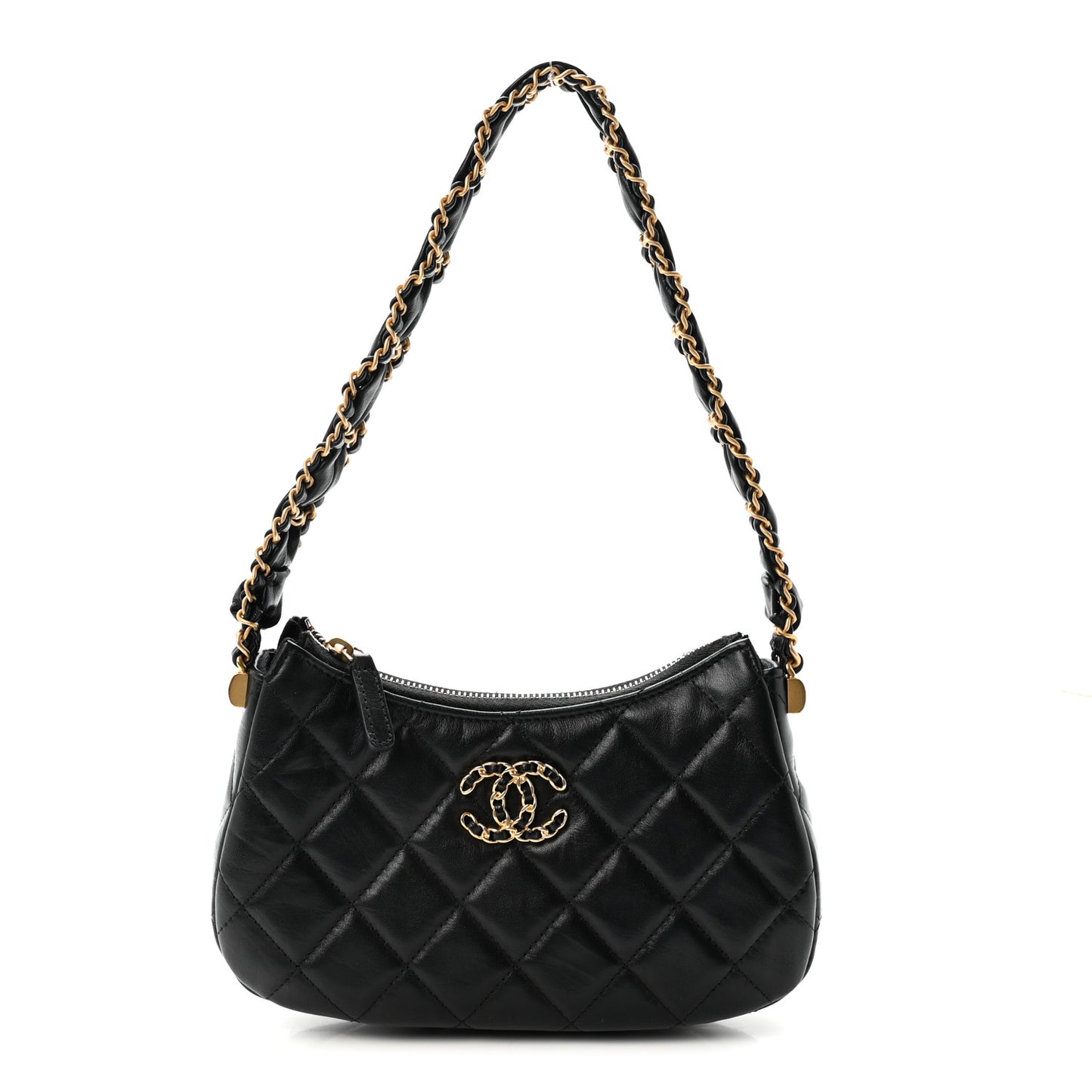 Crumpled Calfskin Quilted Braided CC Small Hobo Black