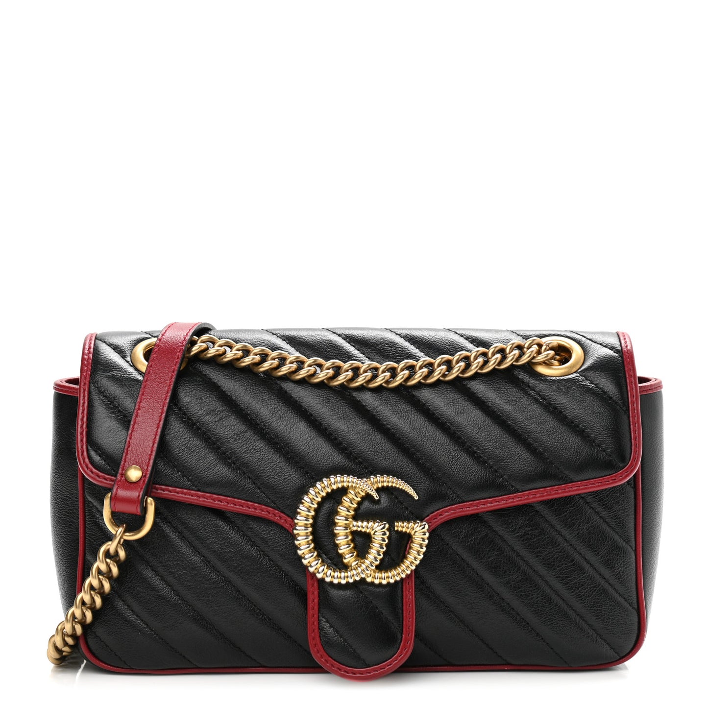 Vintage Effect Calfskin Matelasse Diagonal Small Torchon GG Marmont Shoulder Bag Black Romantic Cherry