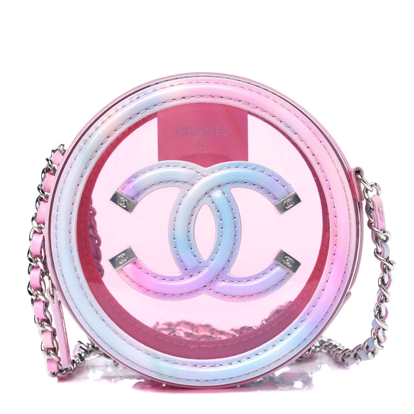 PVC Lambskin Filigree Round Clutch With Chain Pink