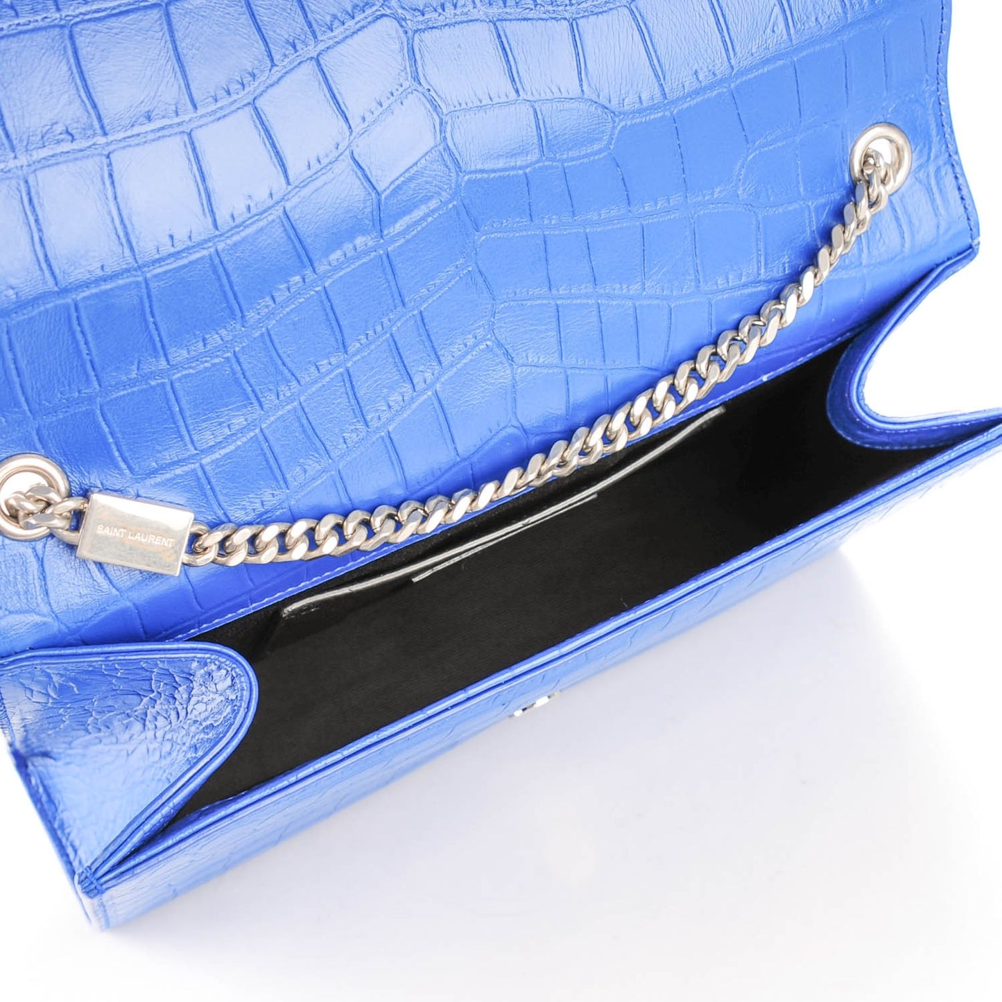 Calfskin Crocodile Embossed Medium Classic Monogram Kate Tassel Satchel Bleu Majorelle