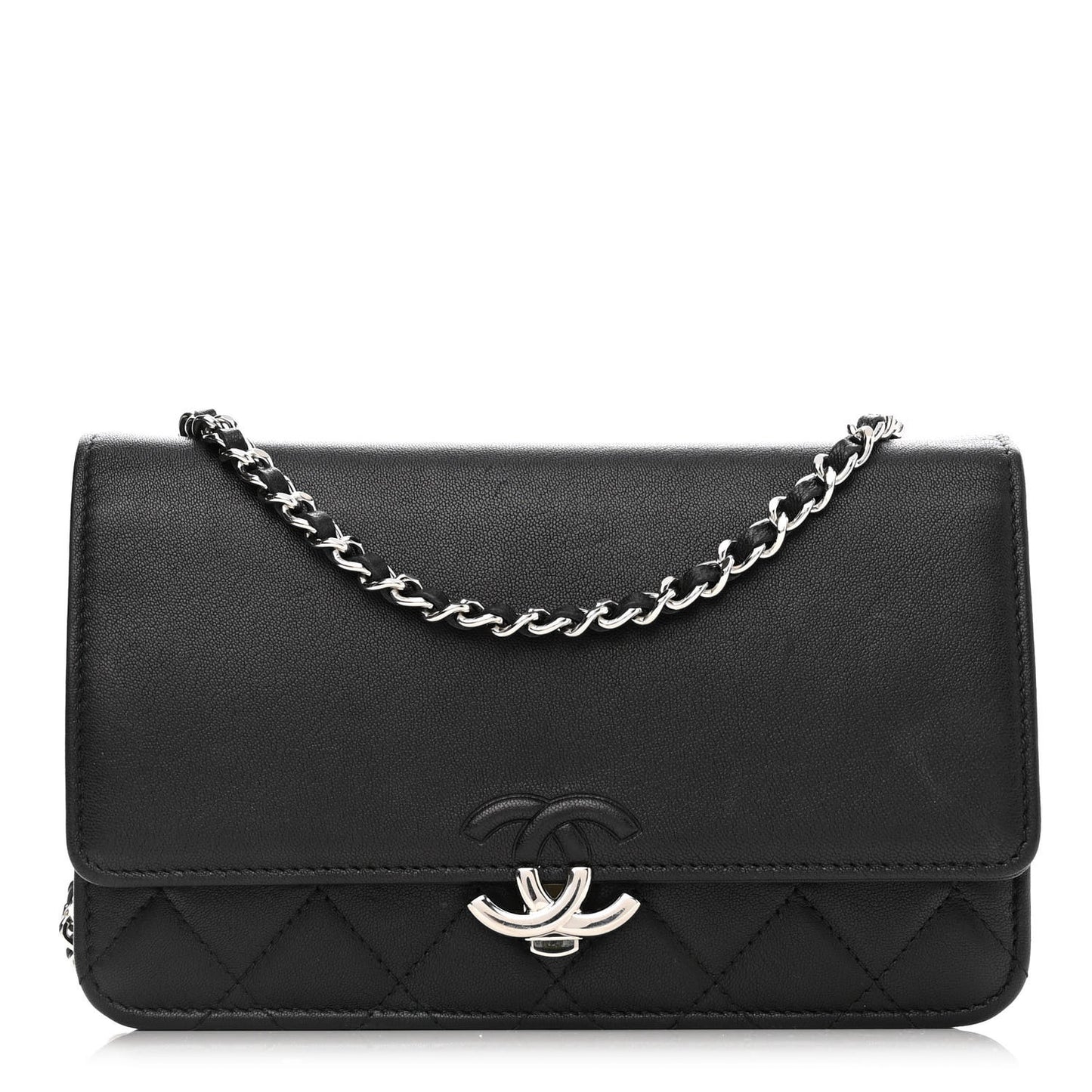 Lambskin Quilted CC Box Wallet On Chain WOC Black