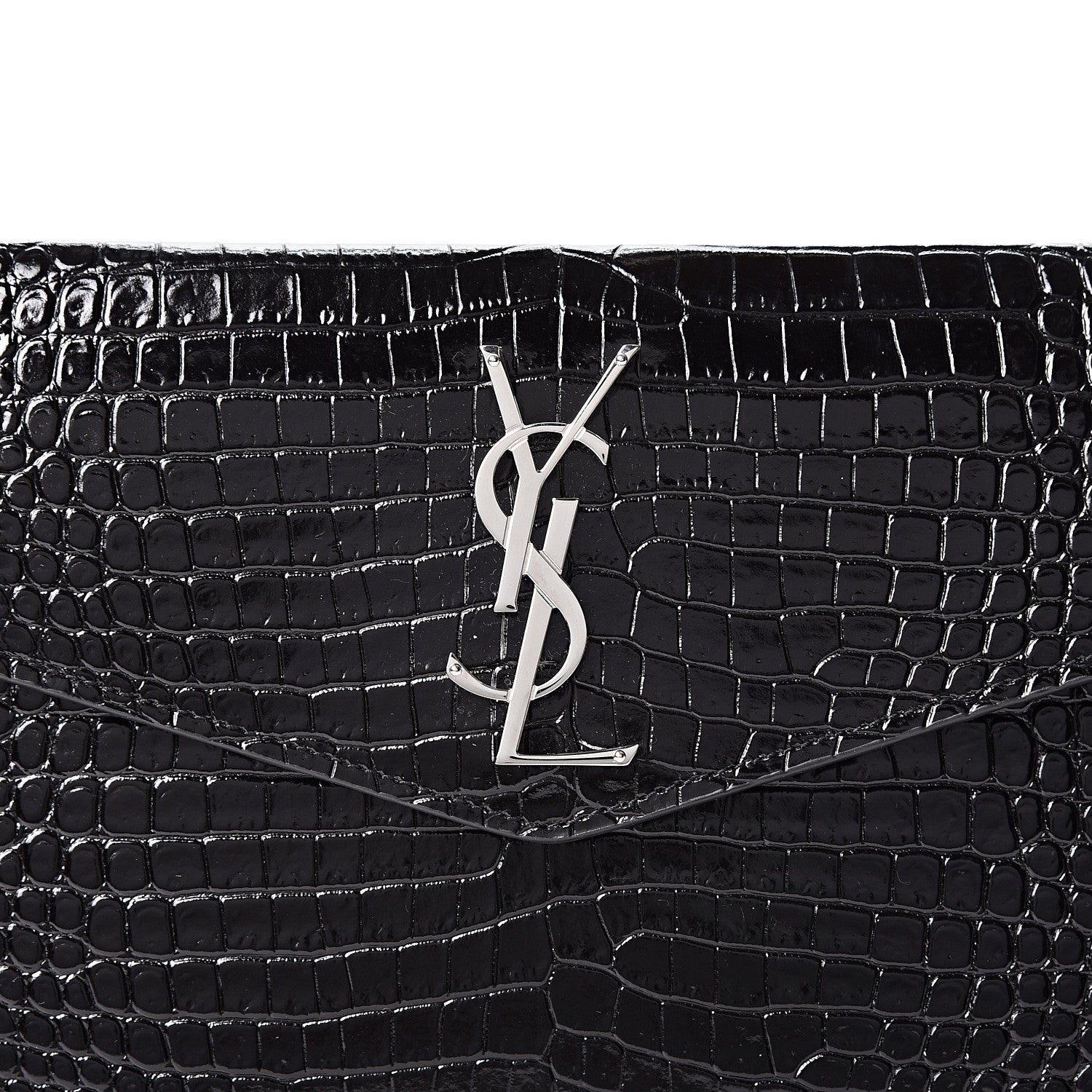 Saint Laurent Calfskin Crocodile Embossed Uptown Monogram Clutch Black 6 of 9