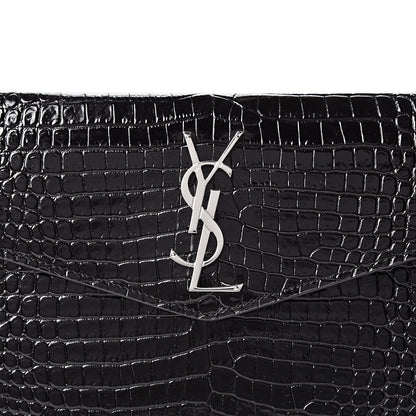 Saint Laurent Calfskin Crocodile Embossed Uptown Monogram Clutch Black 6 of 9
