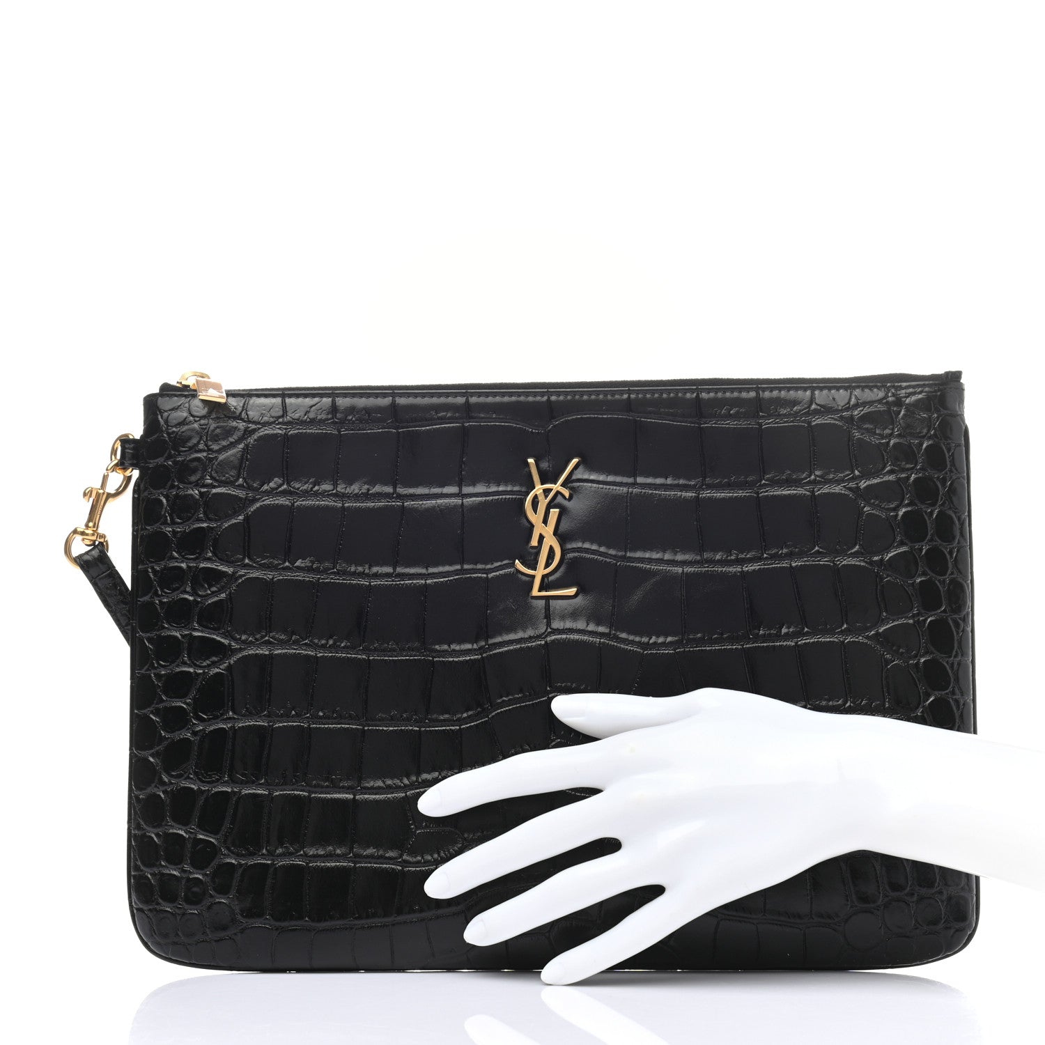 Saint Laurent Calfskin Crocodile Embossed Tablet Pouch Black 2 of 6