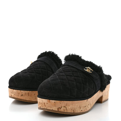 Chanel Suede Calfskin Shearling Turn Lock Clogs 40 Black 3 of 8