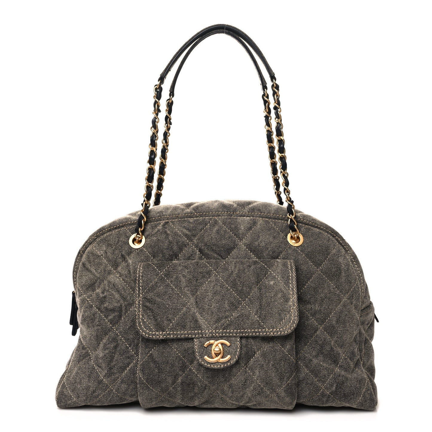 Washed Denim Quilted Bowling Bag Light Grey