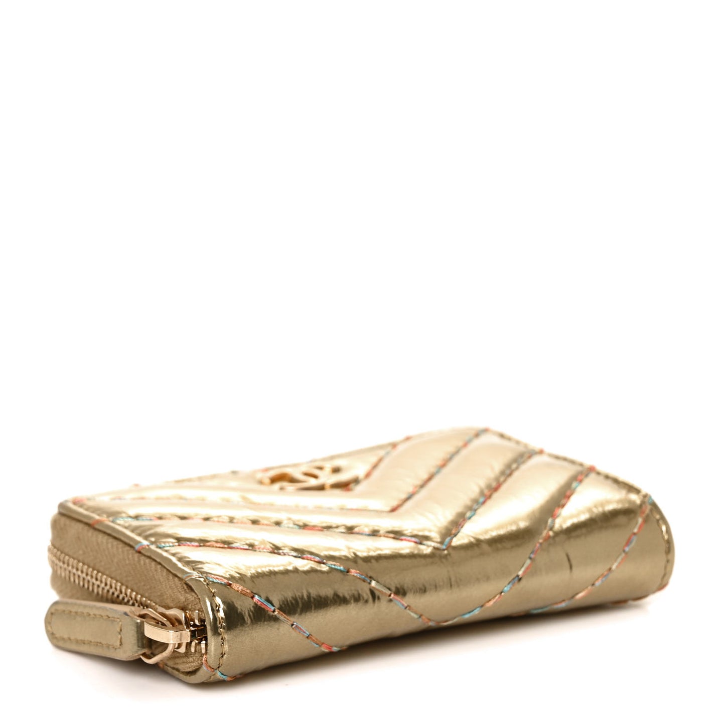Metallic Aged Calfskin Chevron Quilted Multicolor Stitch Zip Around Coin Purse Gold