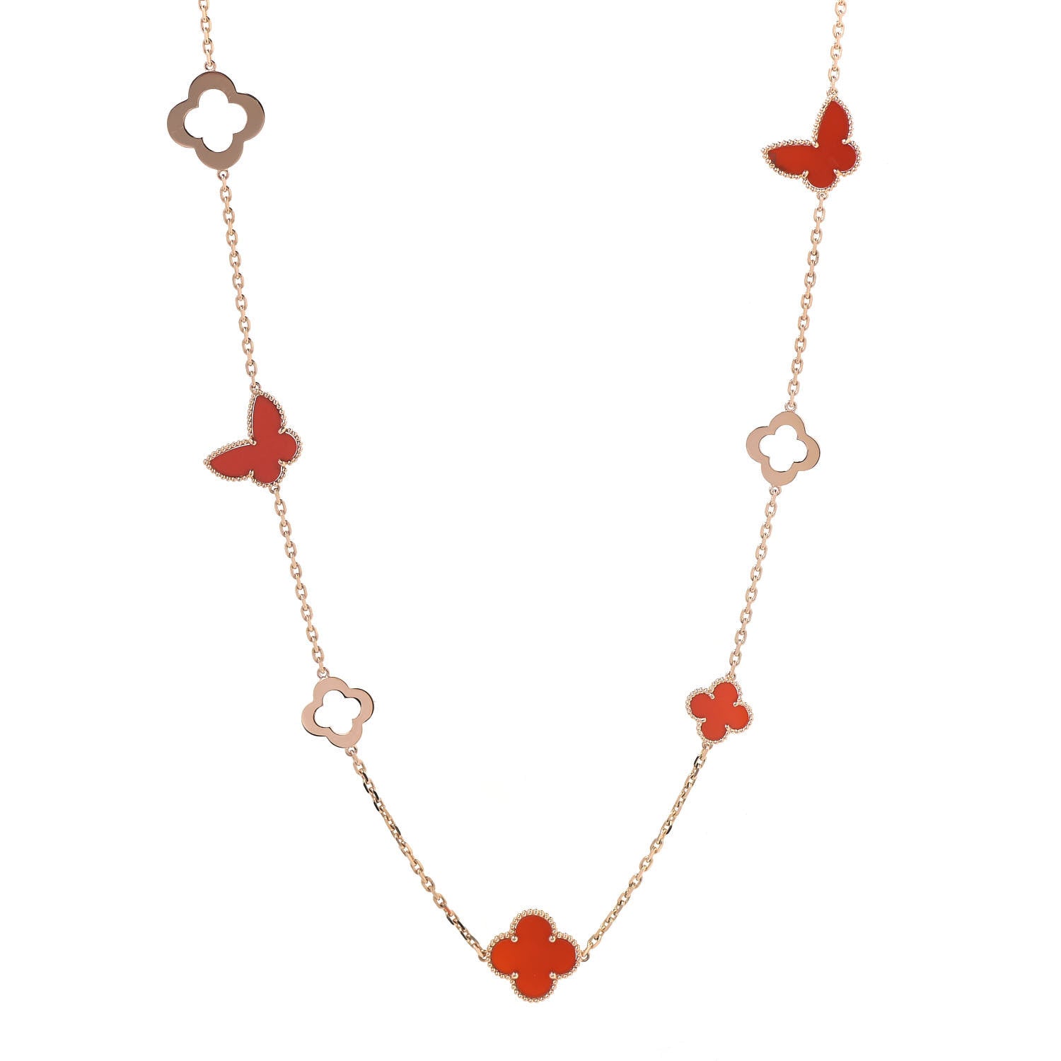 Van Cleef & Arpels 18K Rose Gold Carnelian Byzantine 11 Motif Butterfly Alhambra Necklace 1 of 8