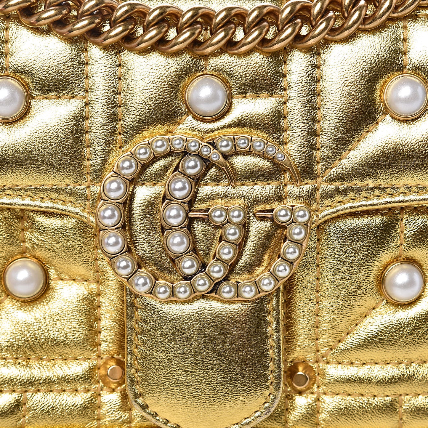 Metallic Calfskin Matelasse Studded Mini Pearly GG Marmont Shoulder Bag Gold