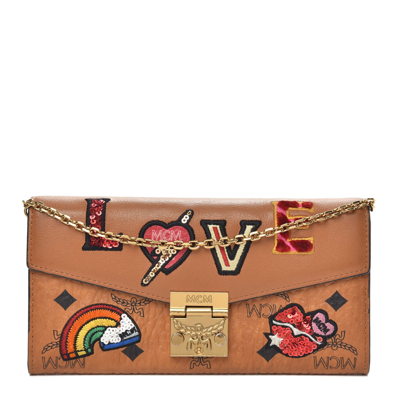 MCM Visetos Large Patricia Love Patch Wallet On Chain Cognac 1 of 11