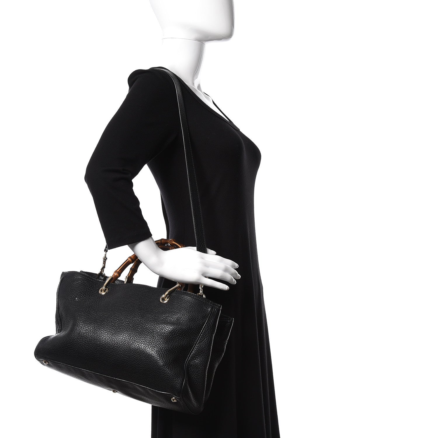Gucci Pebbled Calfskin Medium Bamboo Shopper Tote Black 2 of 11