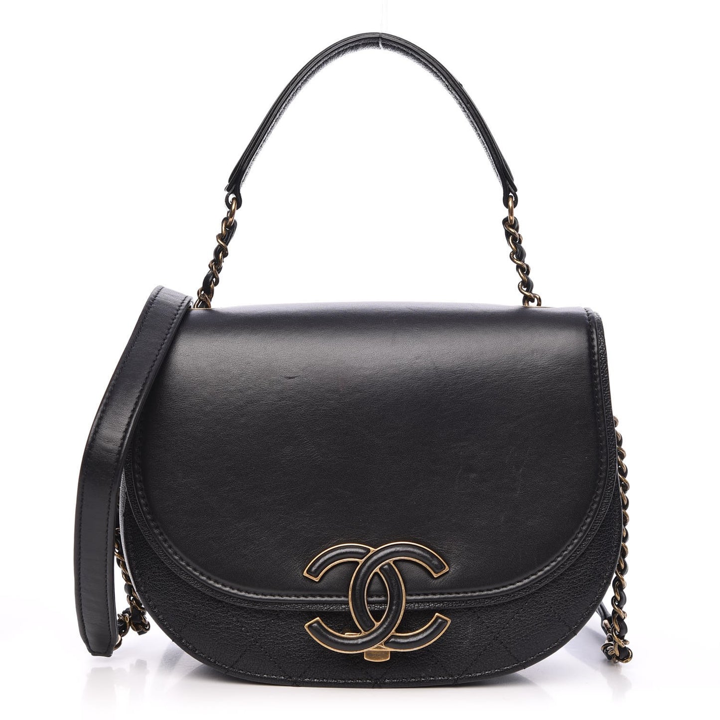 Shiny Calfskin Goatskin Quilted Small Coco Curve Messenger Flap Black