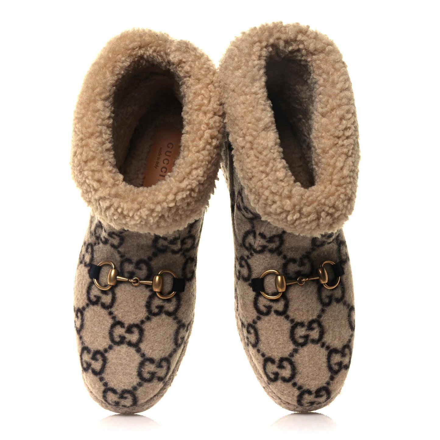 Covered Wool GG Monogram Womens Fria Horsebit Ankle Boots 39.5 Beige Ebony Butterscotch