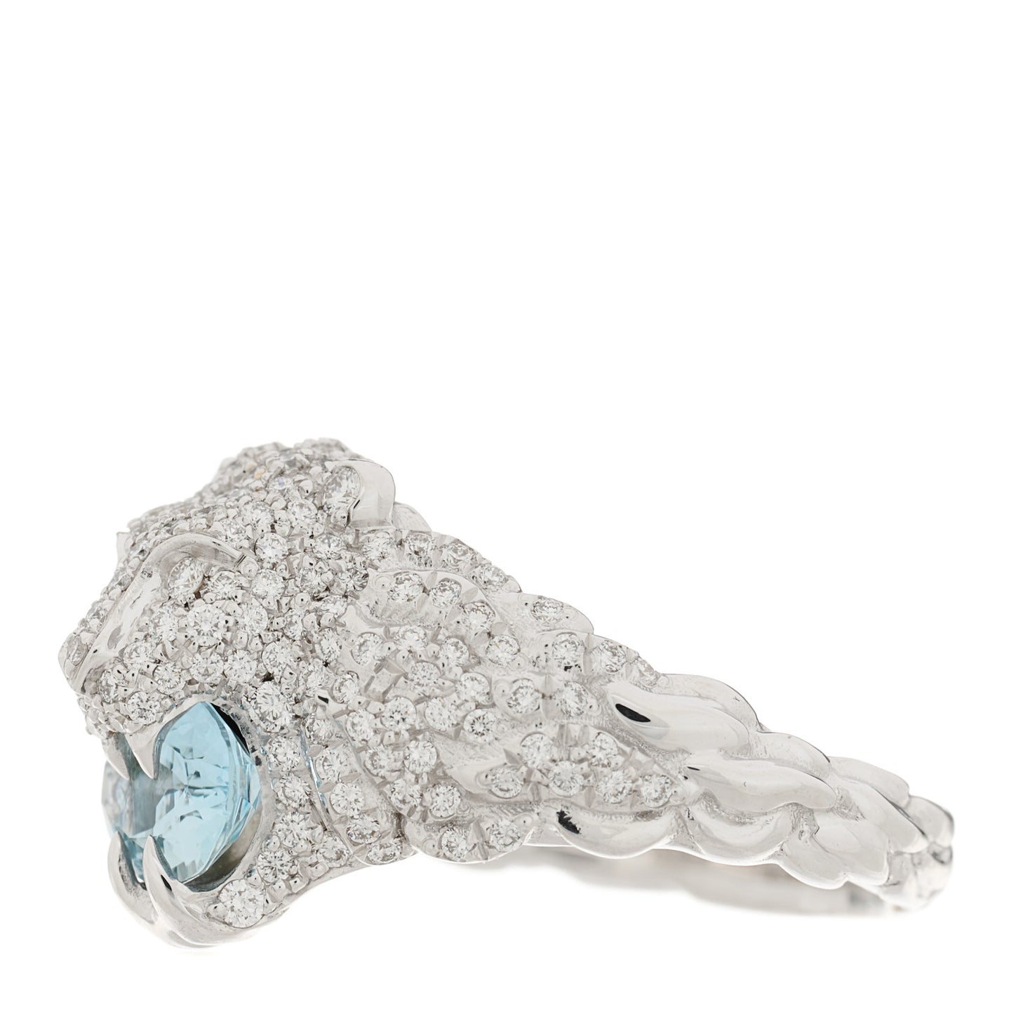18K White Gold Diamond Aquamarine Pave Lion Head Ring 52 6