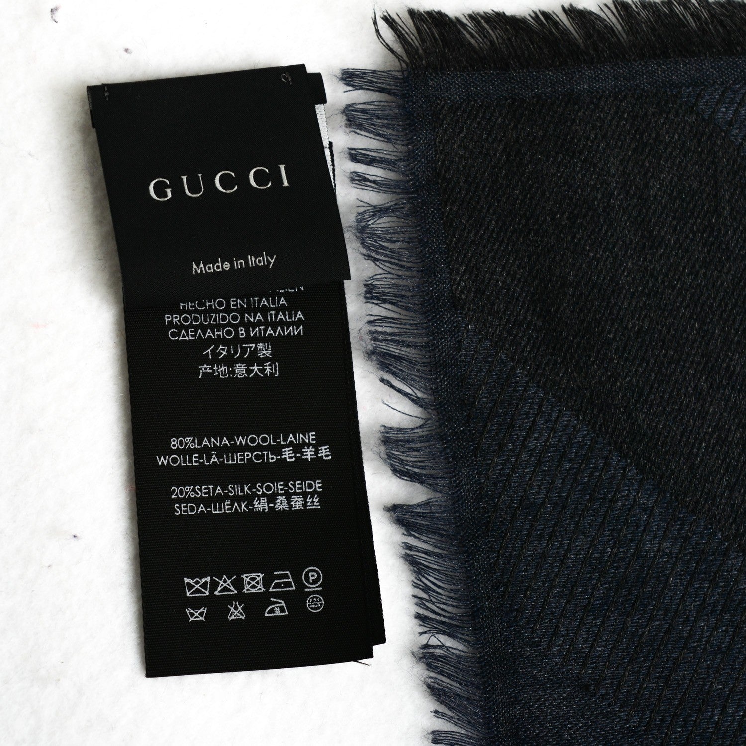 Gucci Wool Silk Monogram GGWeb Fringe Shawl Anthracite Blue 4 of 4