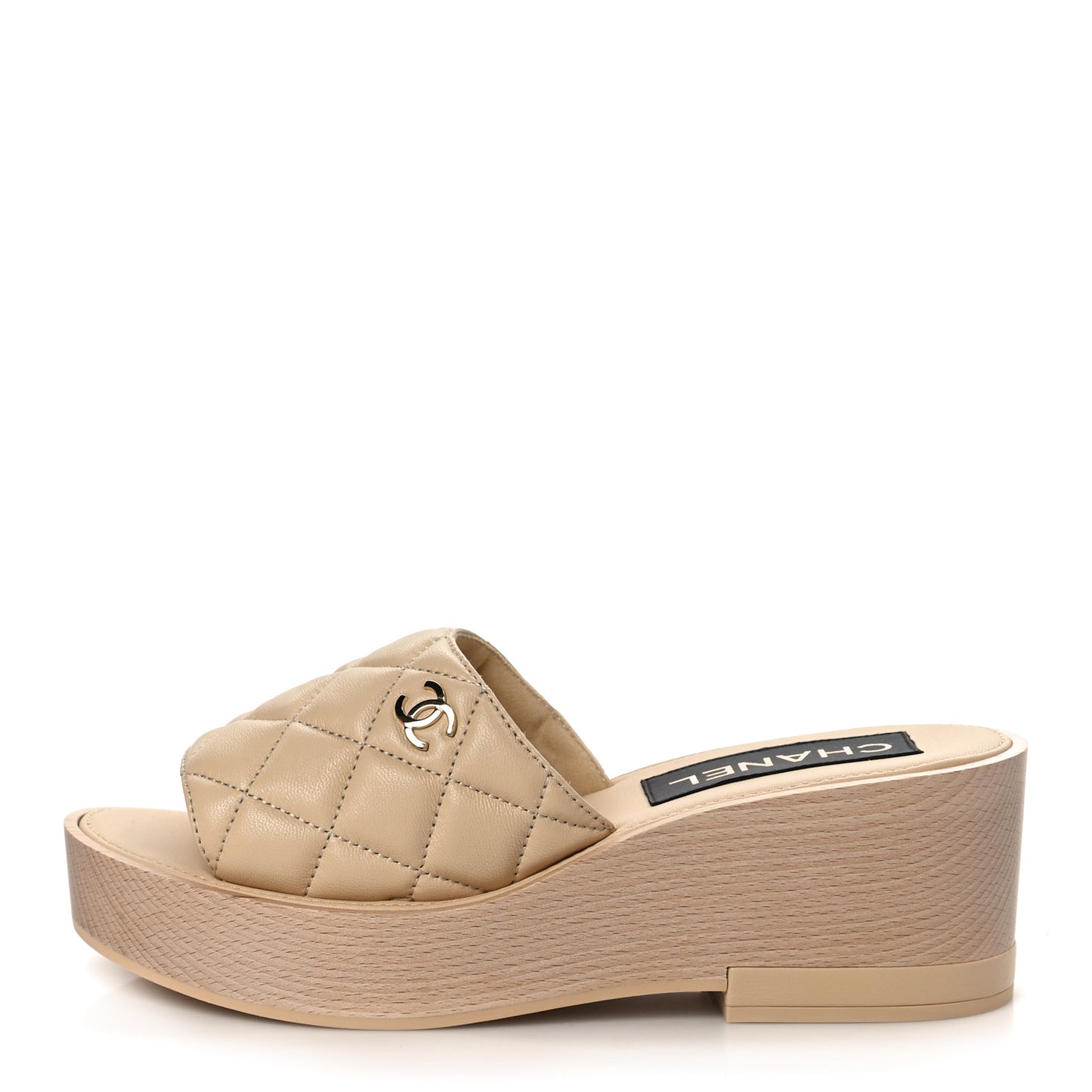 Lambskin Quilted CC Slip On Platform Sandals 39 Beige