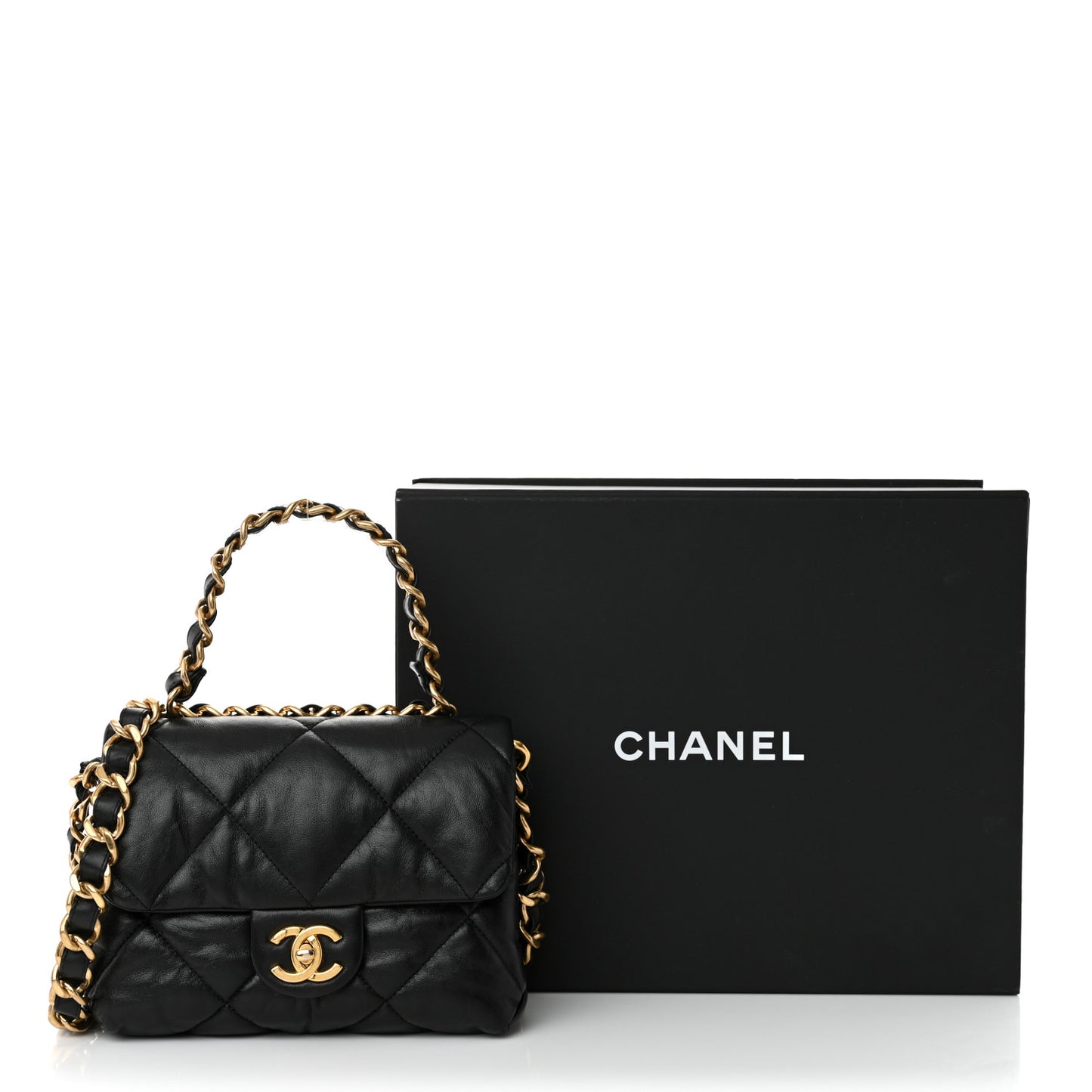 Lambskin Quilted Small Chain Top Handle Flap Black