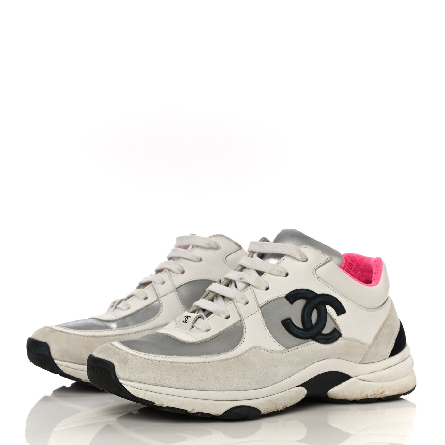Calfskin Fabric Sneakers 37.5 White Silver Fluo Pink