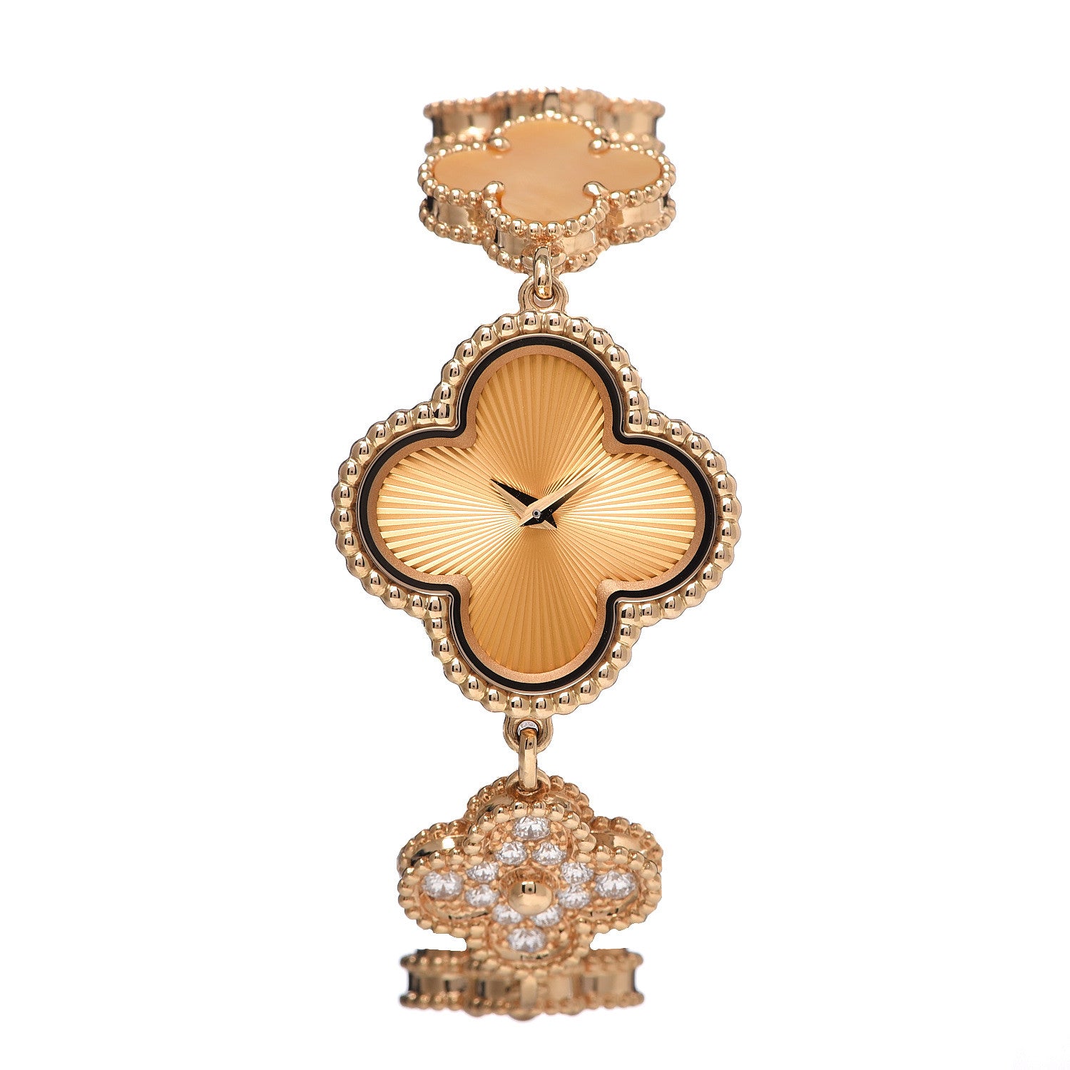 Van Cleef & Arpels 18K Yellow Gold Diamond Mother of Pearl 23mm Alhambra Guilloche Quartz Watch 1 of 8