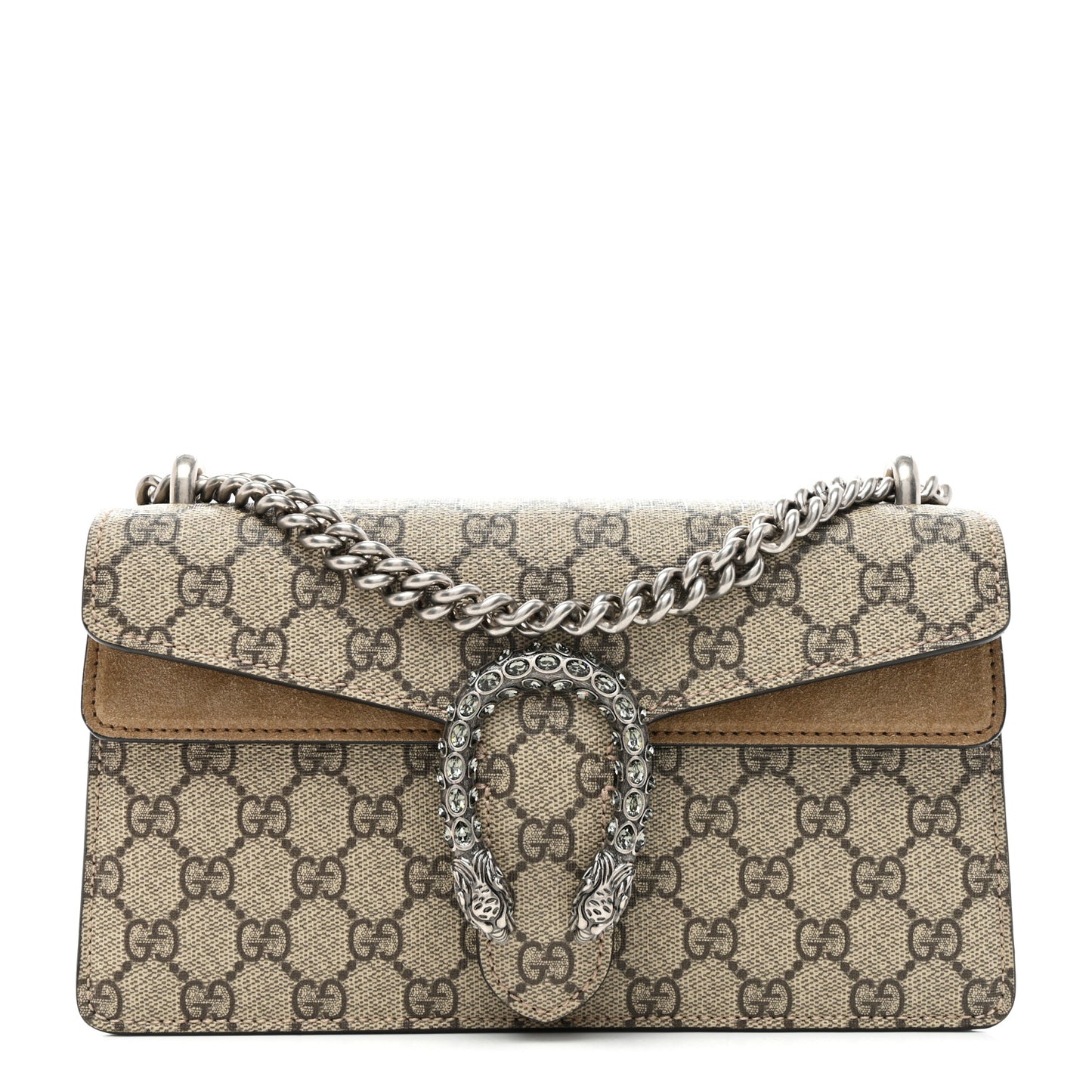 GG Supreme Monogram Suede Crystal Small Dionysus Shoulder Bag Beige Ebony Taupe