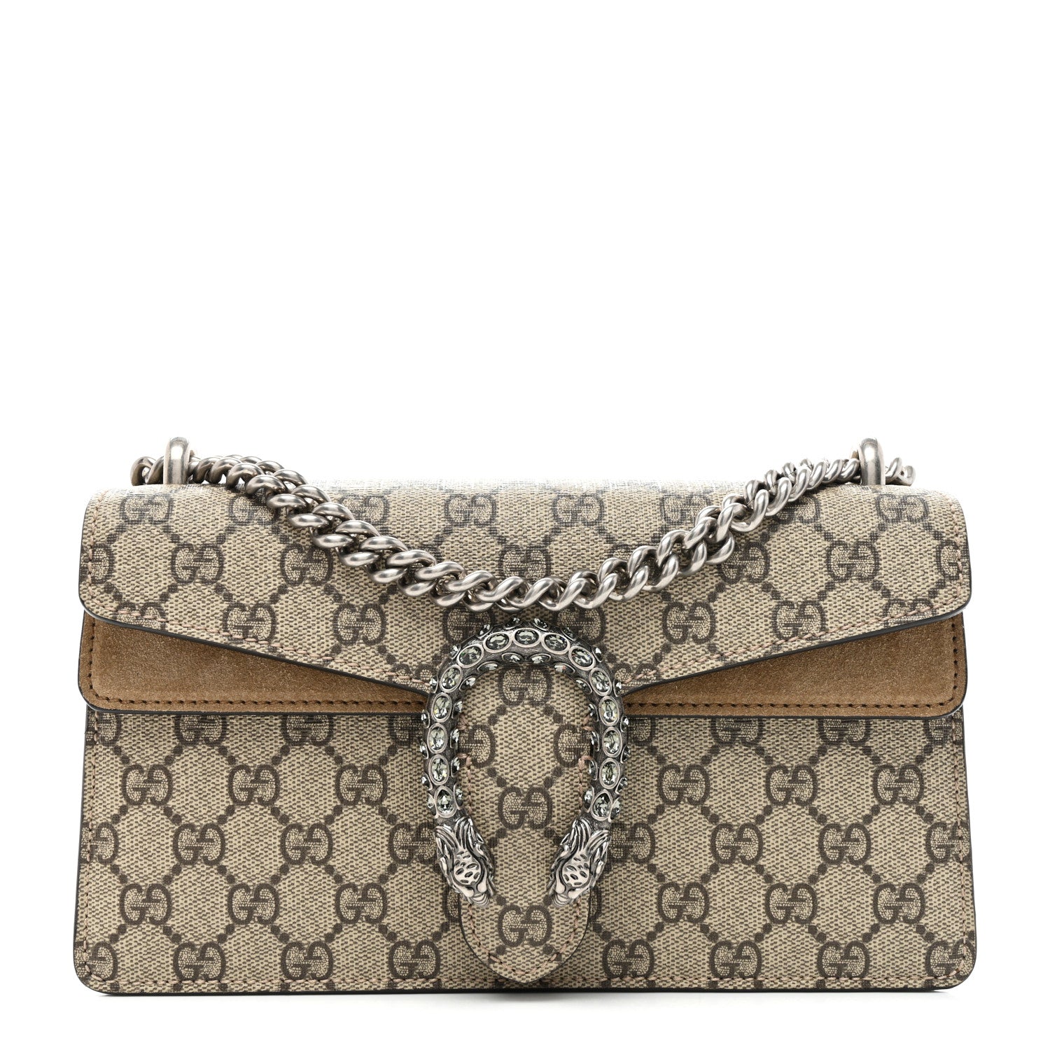 Gucci GG Supreme Monogram Suede Crystal Small Dionysus Shoulder Bag Beige Ebony Taupe 1 of 12