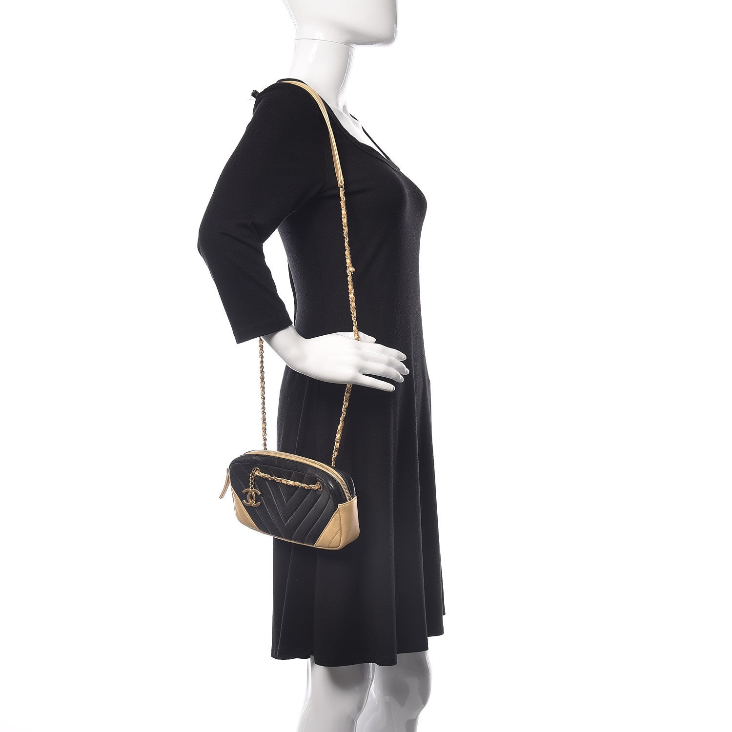Chanel Lambskin Sheepskin Chevron Camera Case Black Gold 2 of 9