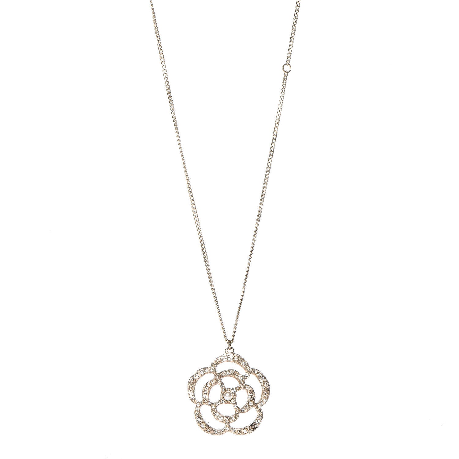 Chanel Crystal Pearl Camellia Necklace Gold 1 of 6