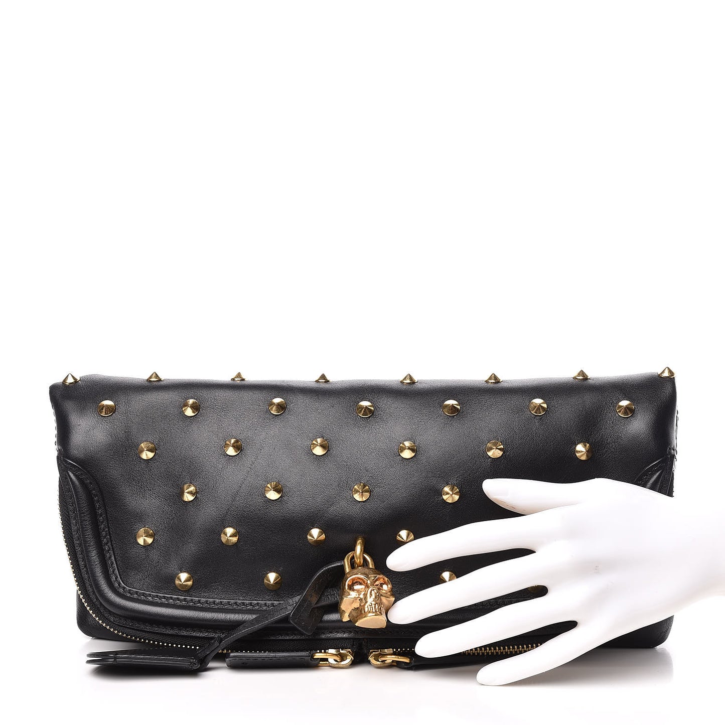 Calfskin Studded Padlock Skull Clutch Black