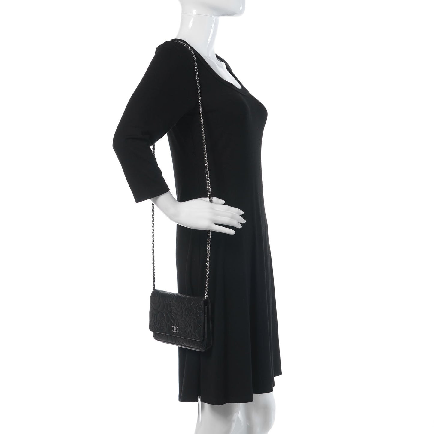 Lambskin Camellia Embossed Wallet on Chain WOC Black