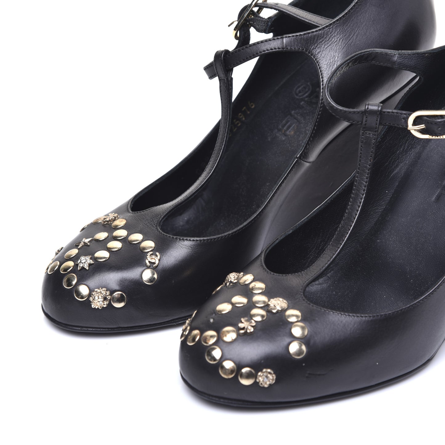 Lambskin Studded CC T-Strap Wedges 38 Black