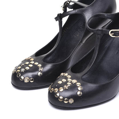 Chanel Lambskin Studded CC T-Strap Wedges 38 Black 5 of 12