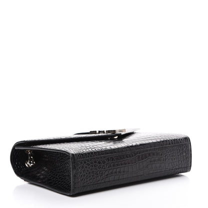 Saint Laurent Calfskin Crocodile Embossed Medium Monogram Envelope Chain Shoulder Bag Black 3 of 15