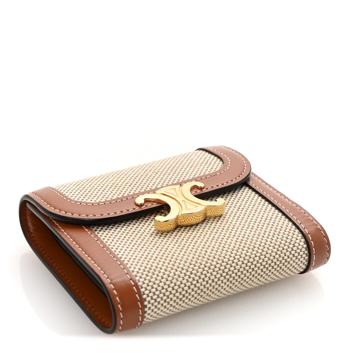 Shiny Calfskin Textile Triomphe Compact Wallet Natural Tan