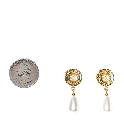 Chanel Metal Pearl Paris Button Drop Earrings Gold 2 of 4