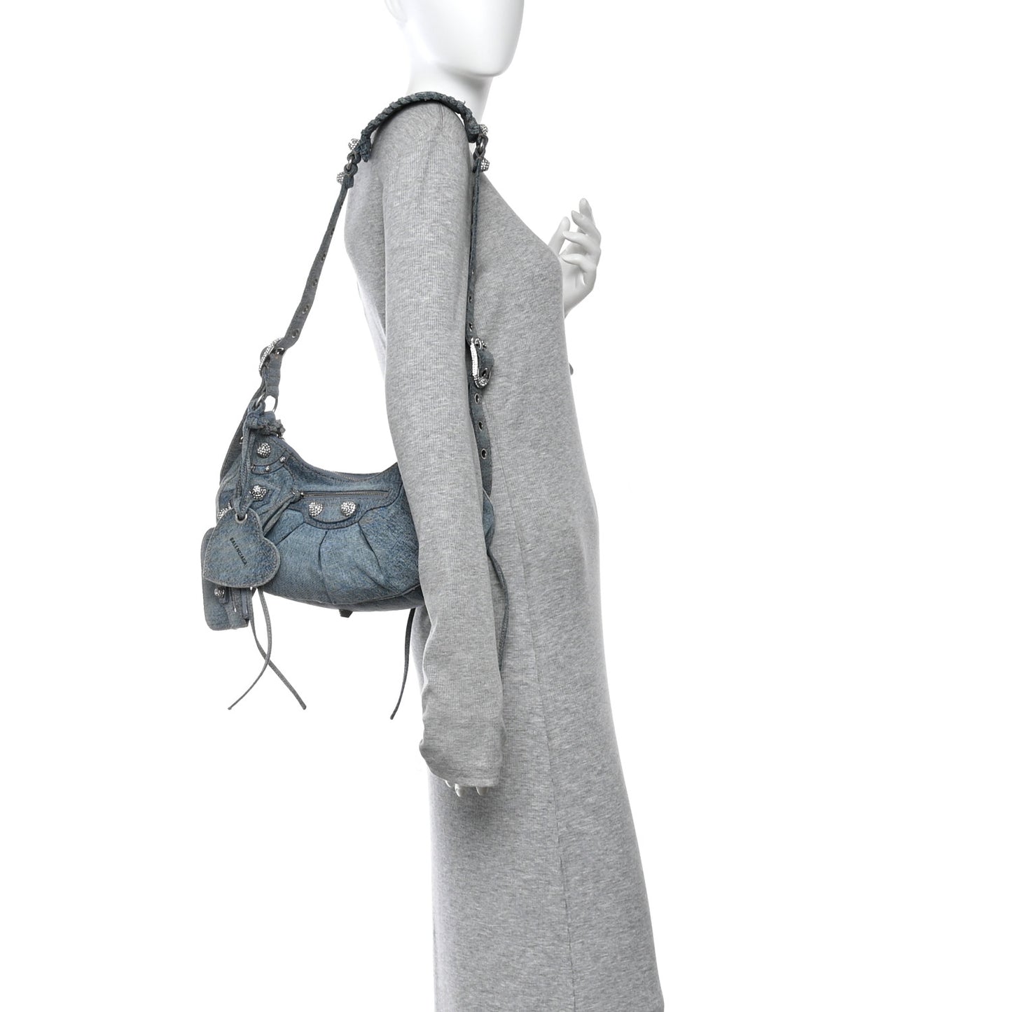 Washed Frayed Denim Crystal Small Le Cagole Shoulder Bag XS Blue