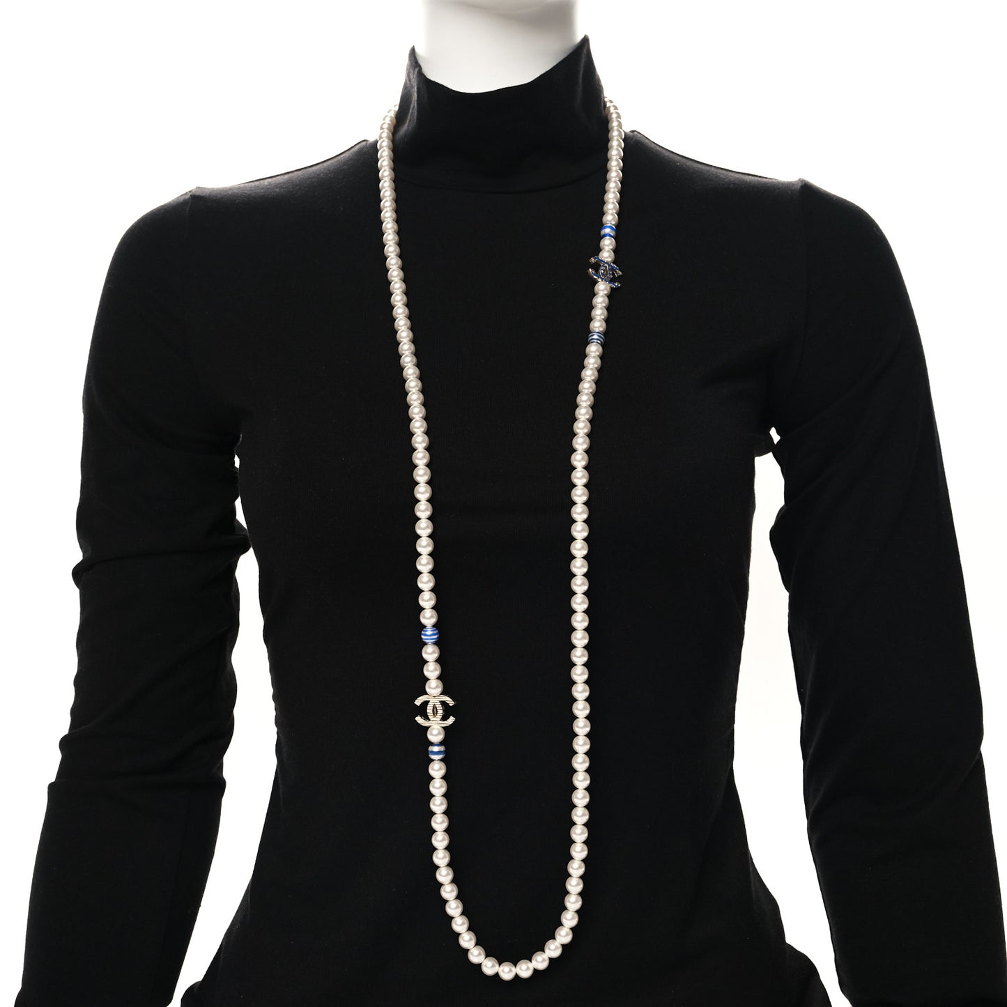 Resin Pearl Striped CC Long Necklace Blue Gold