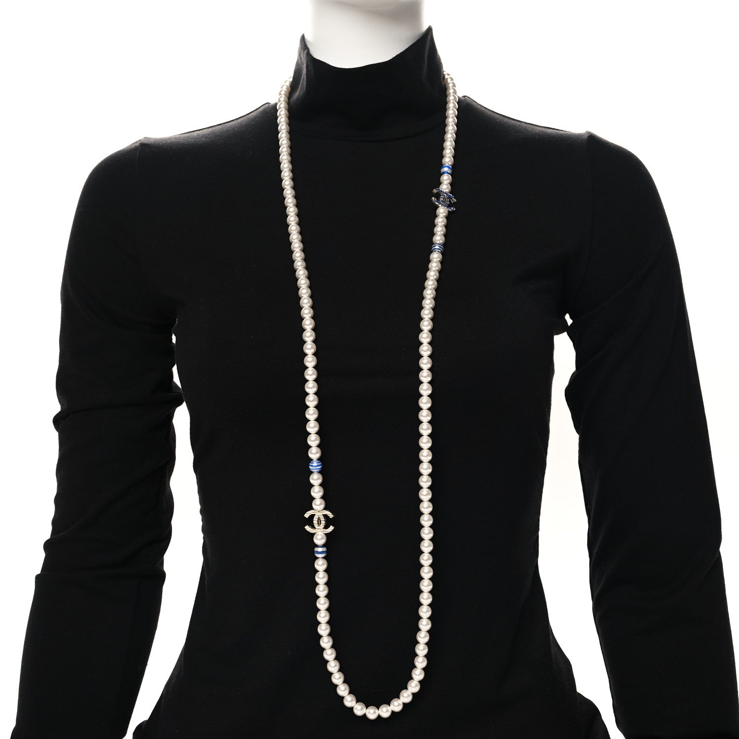 Chanel Resin Pearl Striped CC Long Necklace Blue Gold 2 of 5