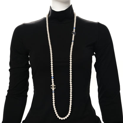 Chanel Resin Pearl Striped CC Long Necklace Blue Gold 2 of 5