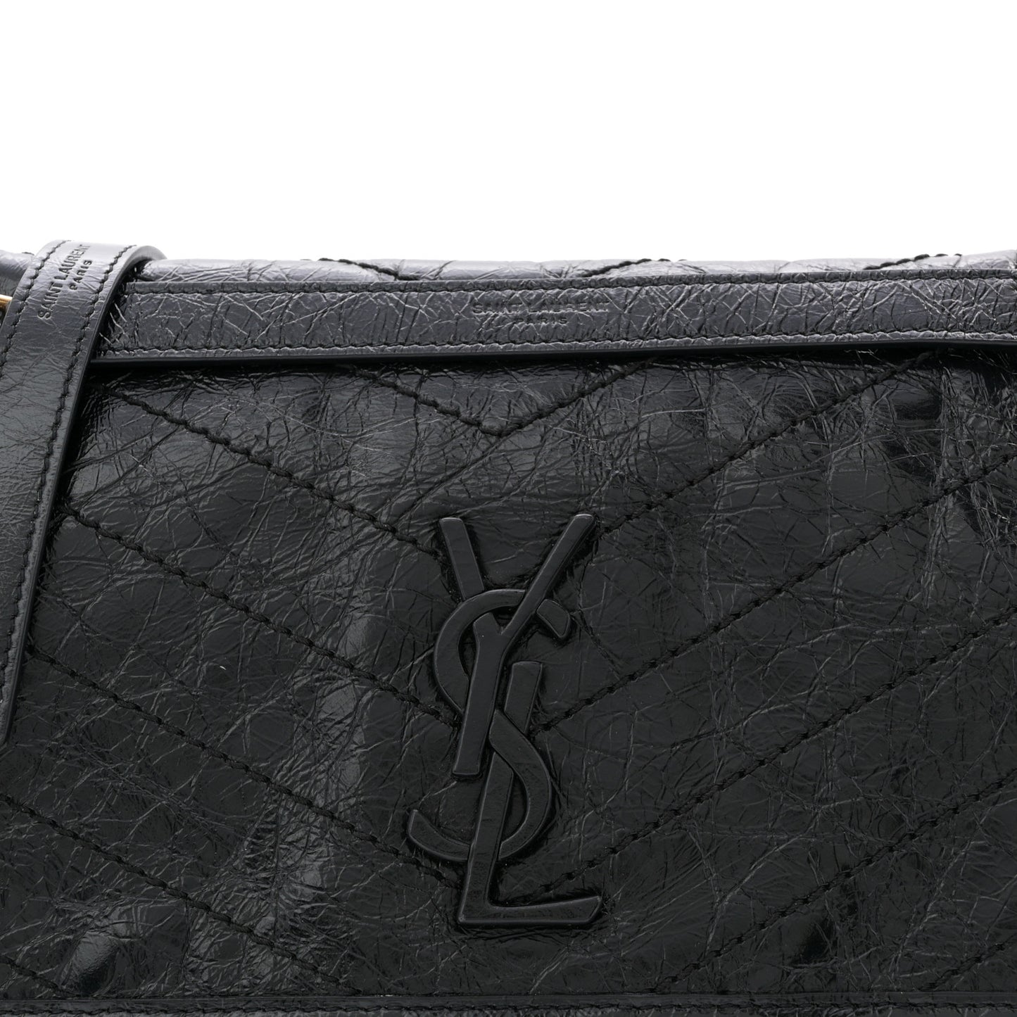 Crinkled Calfskin Matelasse Monogram Medium Niki Chain Satchel Black
