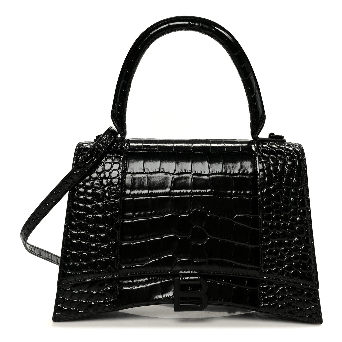 Shiny Calfskin Monochrome Crocodile Embossed Medium Hourglass Top Handle Bag Black
