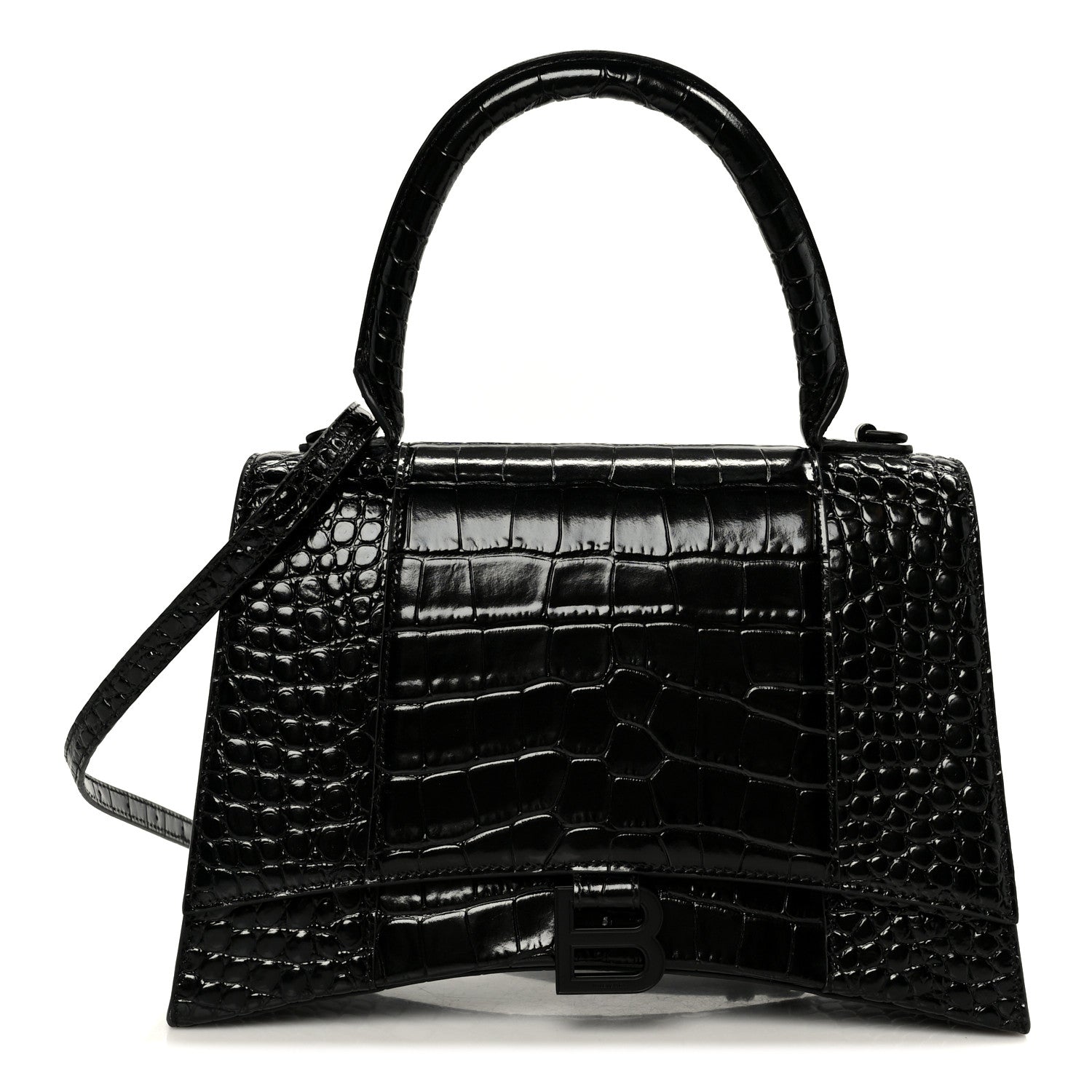 Balenciaga Shiny Calfskin Monochrome Crocodile Embossed Medium Hourglass Top Handle Bag Black 1 of 10