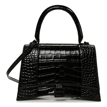 Balenciaga Shiny Calfskin Monochrome Crocodile Embossed Medium Hourglass Top Handle Bag Black 1 of 10