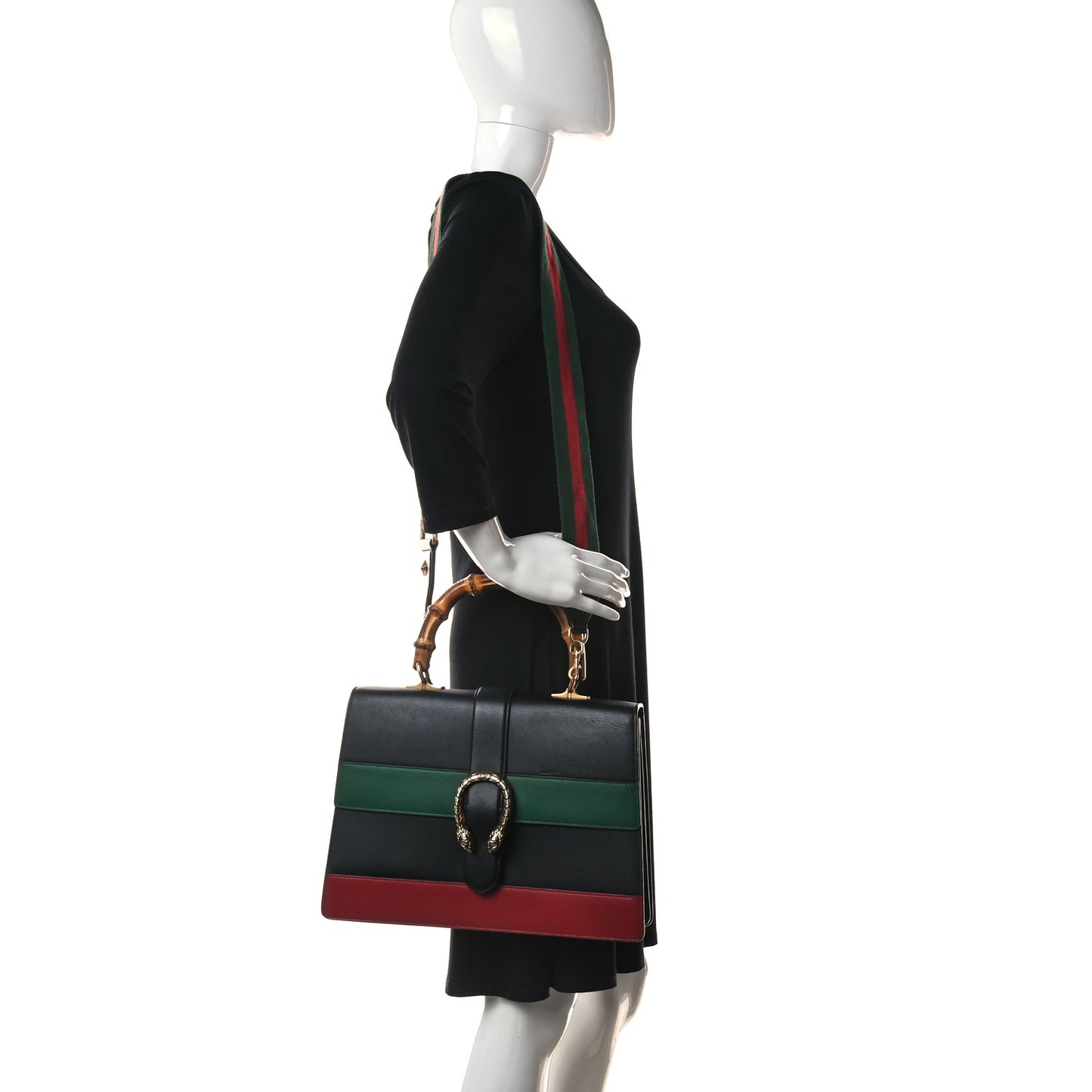 Calfskin Bamboo Web Large Dionysus Top Handle Bag Black Bright Evergreen Hibiscus Red