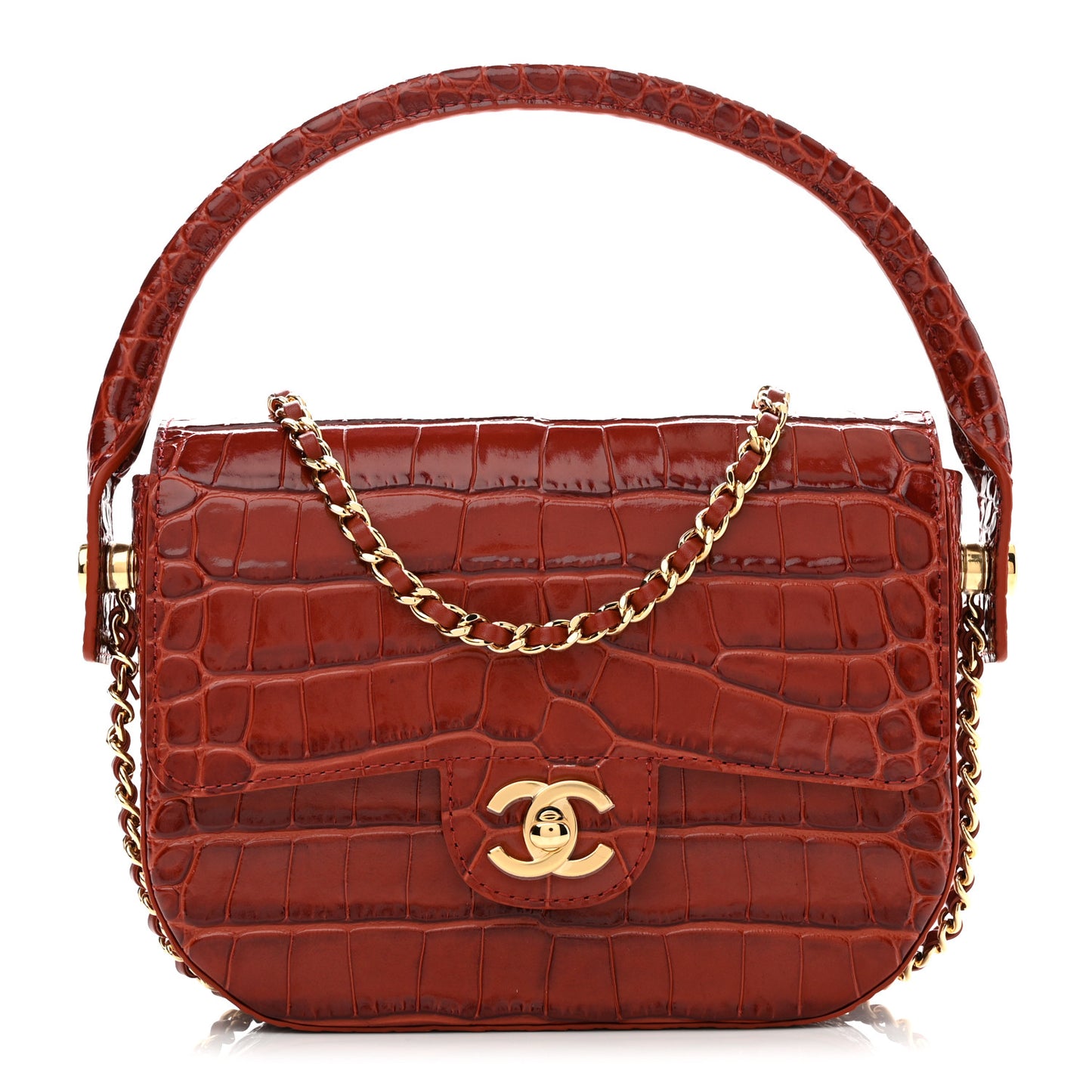 Calfskin Crocodile Embossed Turn Around Mini Flap Burgundy